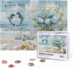 Christian Bible Verses Beach 500 Pieces Jigsaw Puzzles Religious Dolphin Flwoer Puzzles for Adults Spiritual Inspirational Puzzle as Home Decoration Family Unzip Game or A Toy to Develop Intelligence