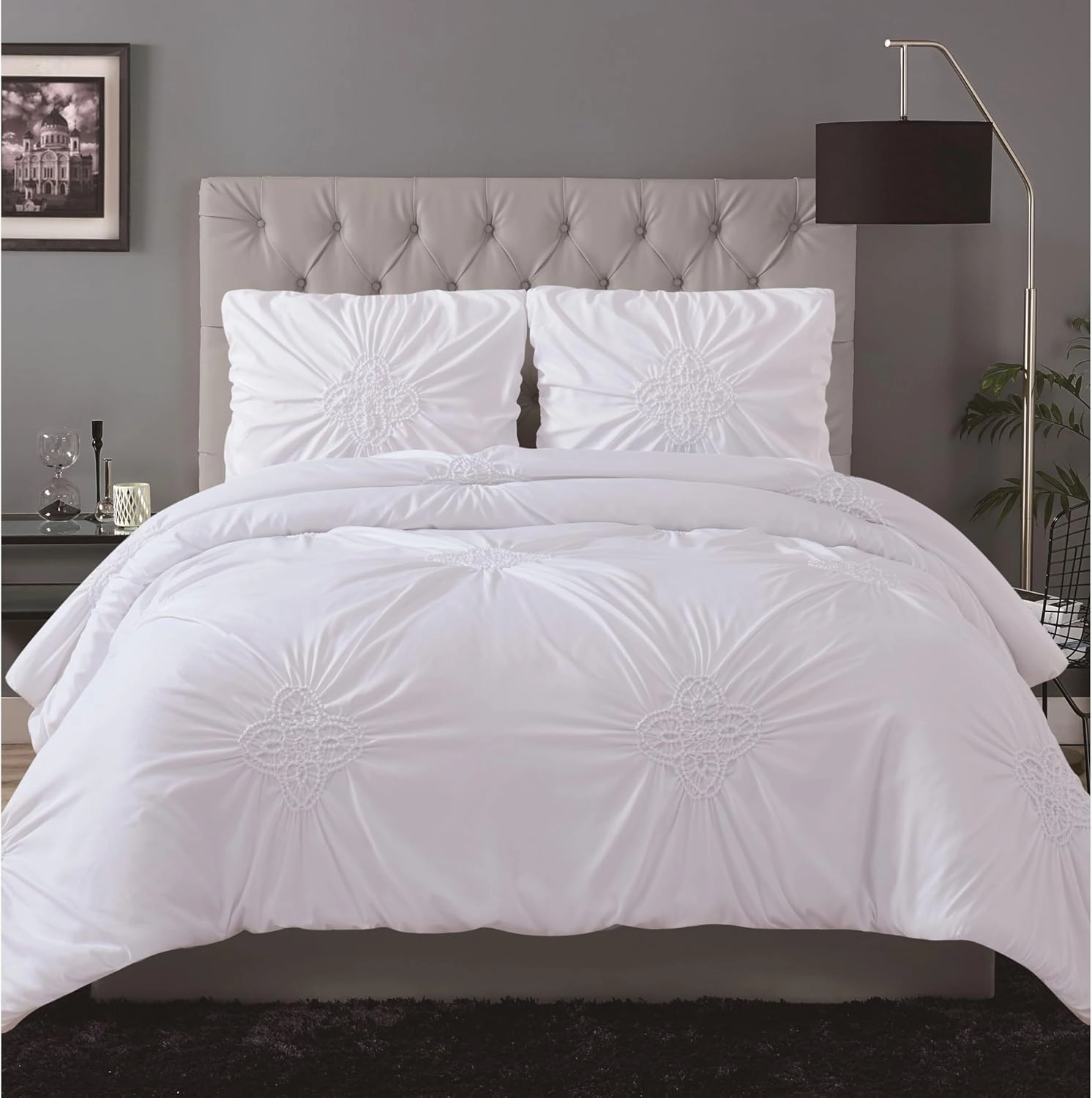 Christian Siriano NY Greorgia Rouched Duvet Set, Full/Queen, White 3 Piece