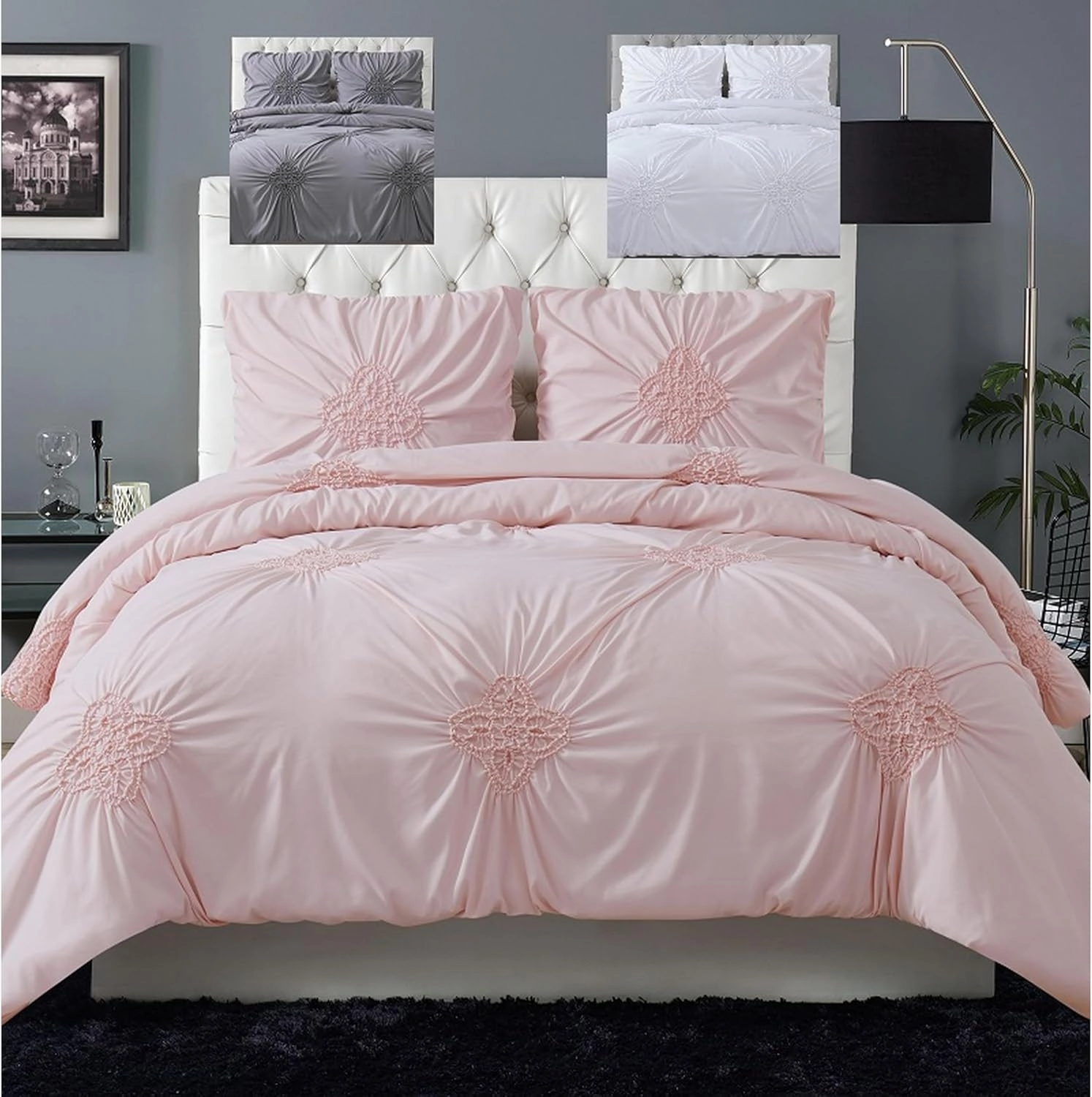 Christian Siriano NY Greorgia Rouched Duvet Set, Full/Queen, White 3 Piece