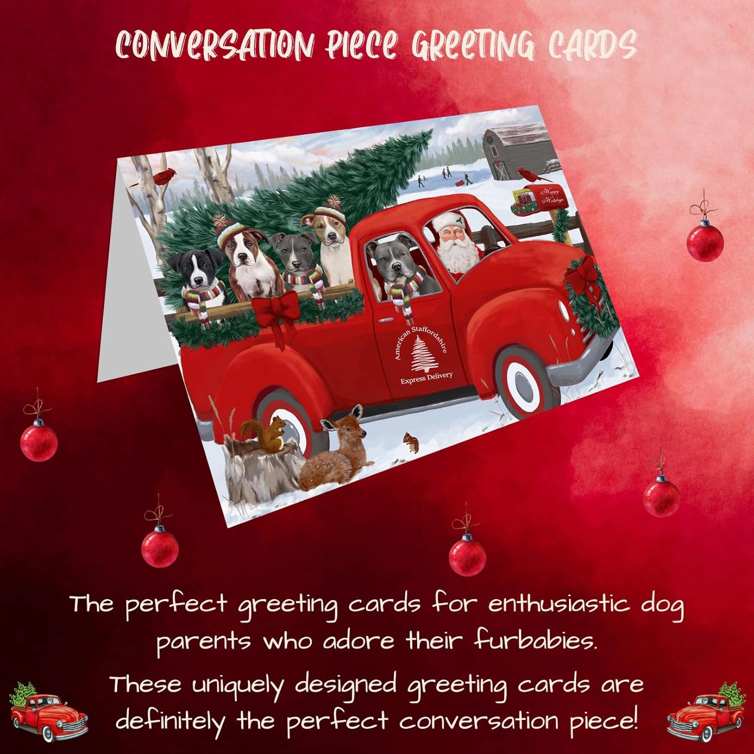 Christmas Santa Express Delivery Red Truck American Staffordshire Terriers Dog Greeting Cards - Pets Invitation Cards with Envelopes - Pet Artwork Christmas Greeting Cards GCD68831 (Packs of 10)