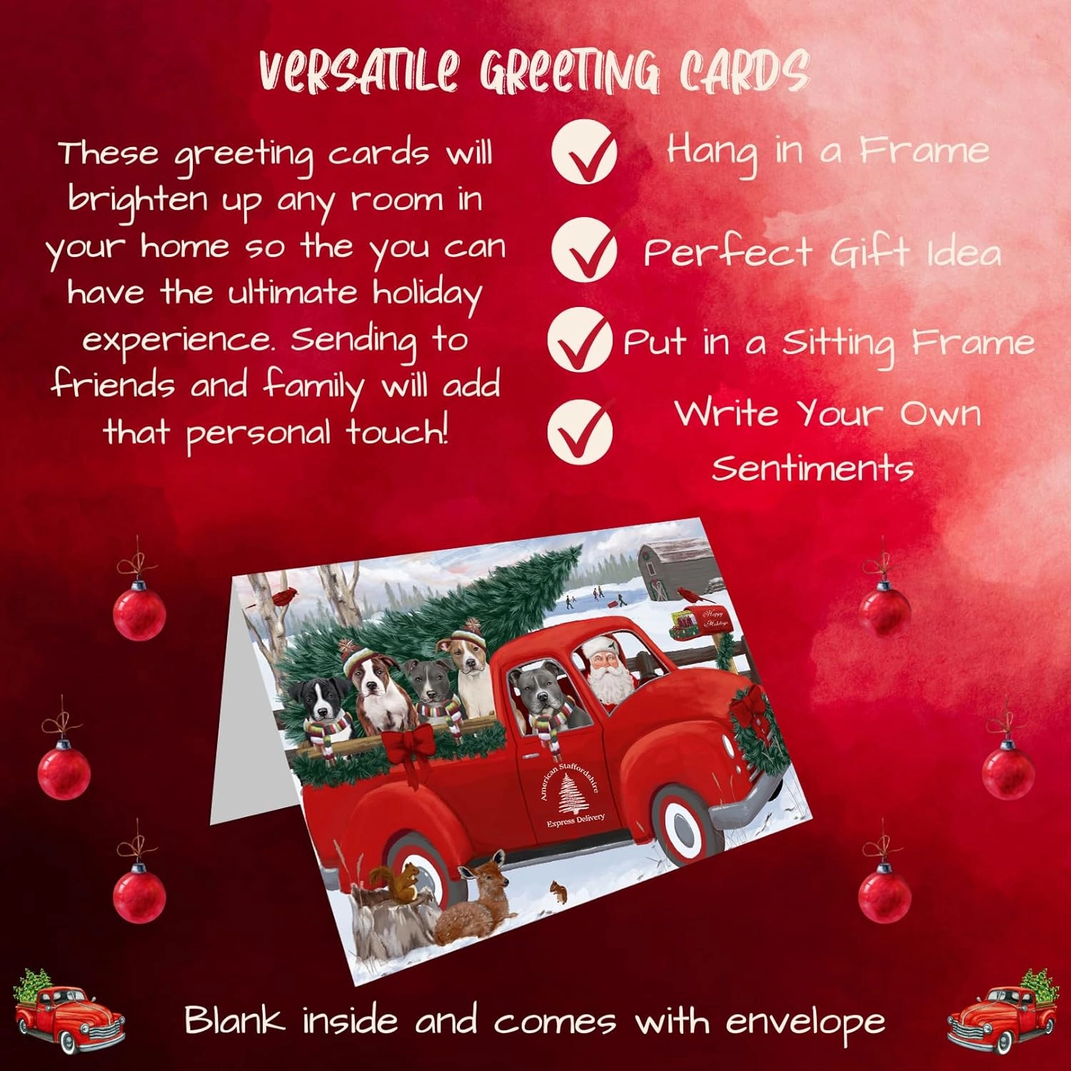 Christmas Santa Express Delivery Red Truck American Staffordshire Terriers Dog Greeting Cards - Pets Invitation Cards with Envelopes - Pet Artwork Christmas Greeting Cards GCD68831 (Packs of 10)