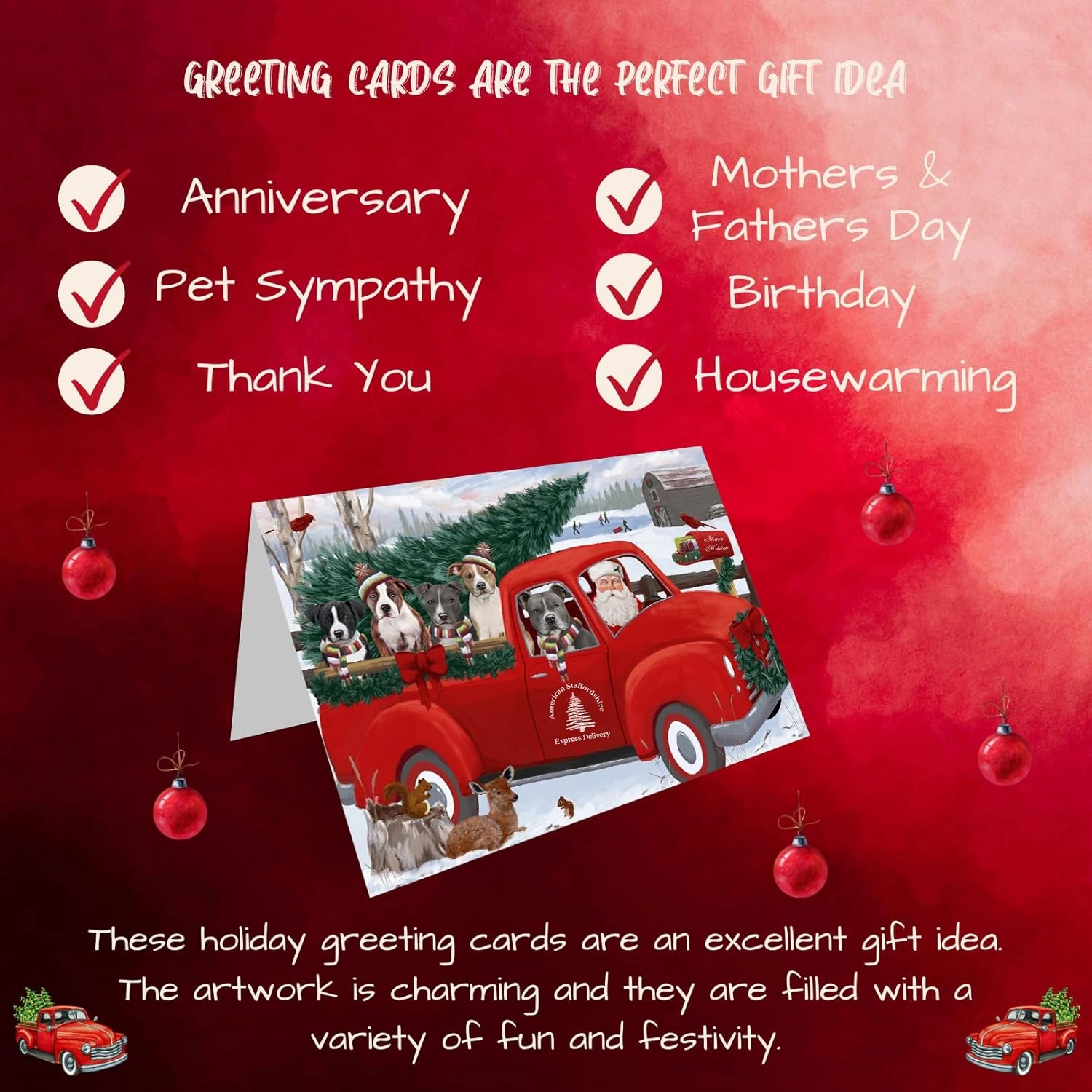 Christmas Santa Express Delivery Red Truck American Staffordshire Terriers Dog Greeting Cards - Pets Invitation Cards with Envelopes - Pet Artwork Christmas Greeting Cards GCD68831 (Packs of 10)