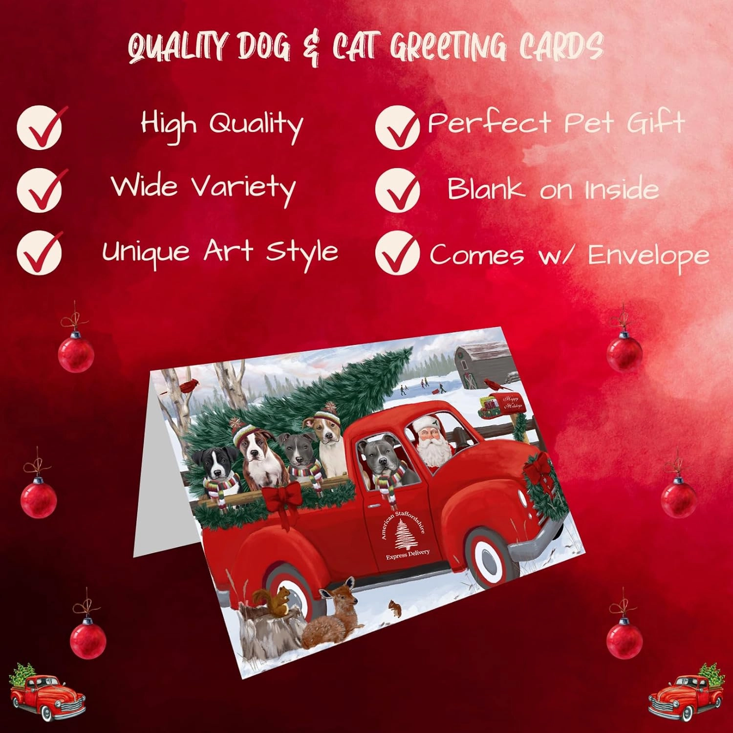 Christmas Santa Express Delivery Red Truck American Staffordshire Terriers Dog Greeting Cards - Pets Invitation Cards with Envelopes - Pet Artwork Christmas Greeting Cards GCD68831 (Packs of 10)