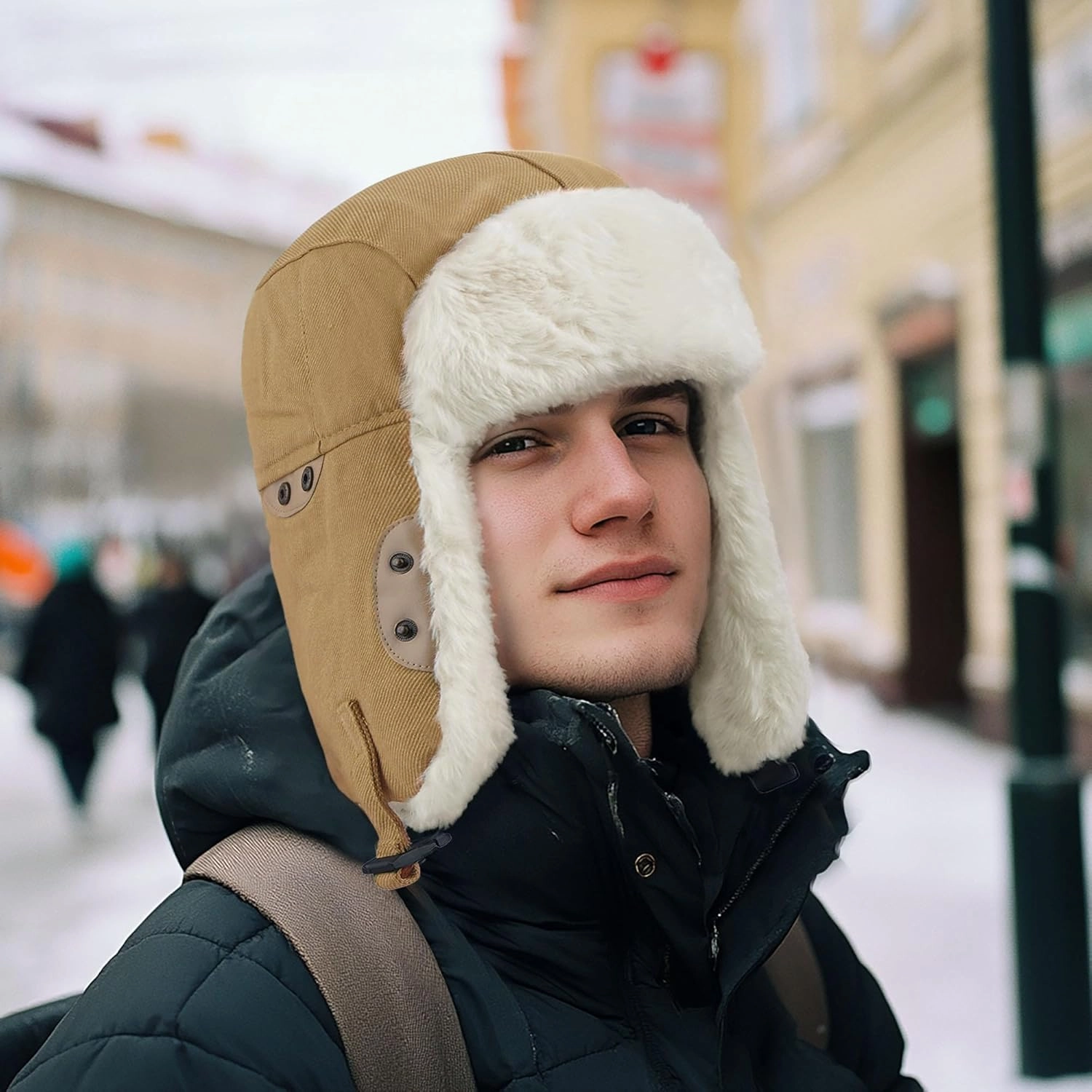 Clakllie Faux Fur Trapper Hat Warm Eskimo Hat Russian Trooper Hats Unisex Earflaps Hat with Chin Strap Winter Snow Cap