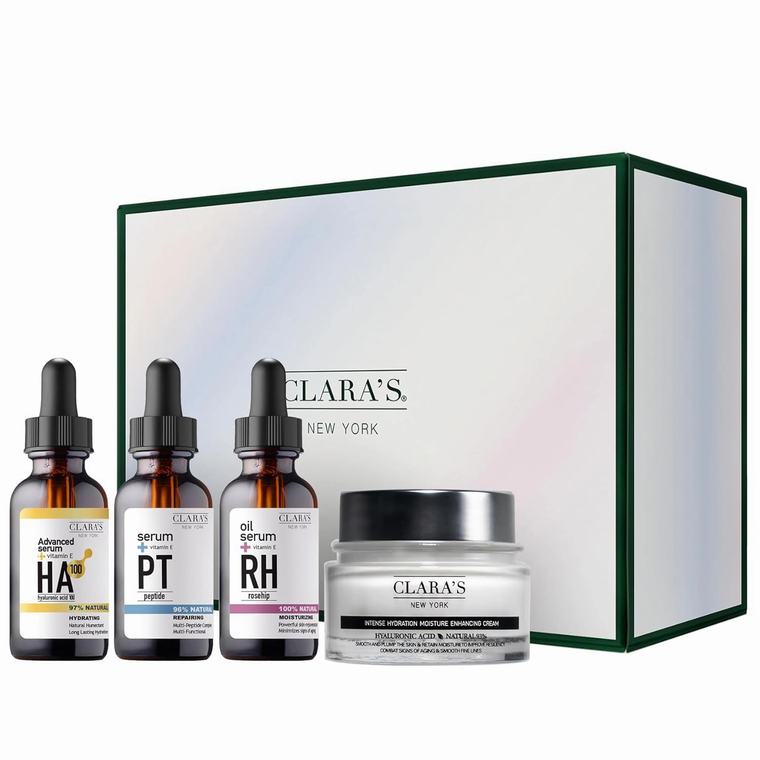 CLARA'S NEW YORK Glowing Skin Discovery Kit, Skincare Gift Set, Pack of 4, Hyaluronic Acid Serum, 6X Peptide Serum, 100% Natural Rosehip Facial Oil Serum, Hyaluronic Acid Moisturizer Cream