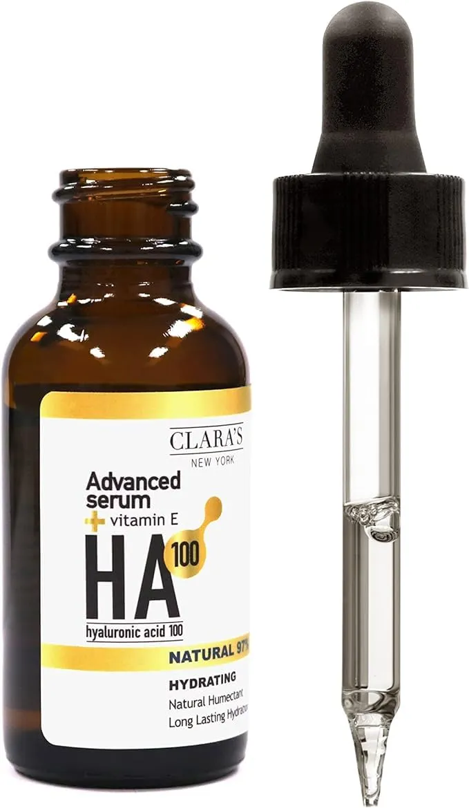 CLARA'S NEW YORK 100 Pure Advanced Hyaluronic Acid Facial Serum 30ml with Vitamin E for Plumping, Anti Aging and Intense Hydration, Moisturized Skin - Made in USA 30ml (1Fl/Oz)