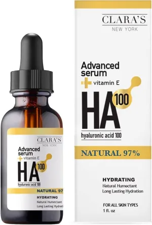 CLARA'S NEW YORK 100 Pure Advanced Hyaluronic Acid Facial Serum 30ml with Vitamin E for Plumping, Anti Aging and Intense Hydration, Moisturized Skin - Made in USA 30ml (1Fl/Oz)