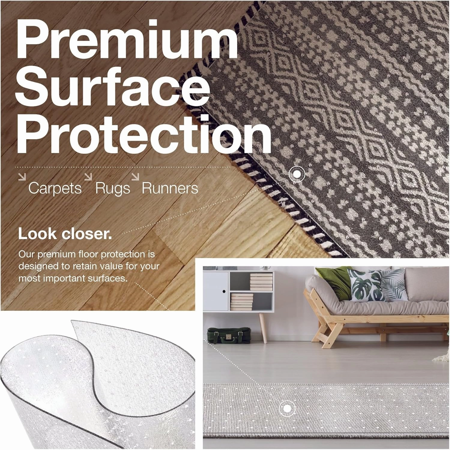 Clear Carpet Runner, USA Made, Safe, 36 x 36 Inch, 2mm Thick Cleated Vinyl, Clear Rug Protector for Carpet, Floor Protector Mat for Area Rug