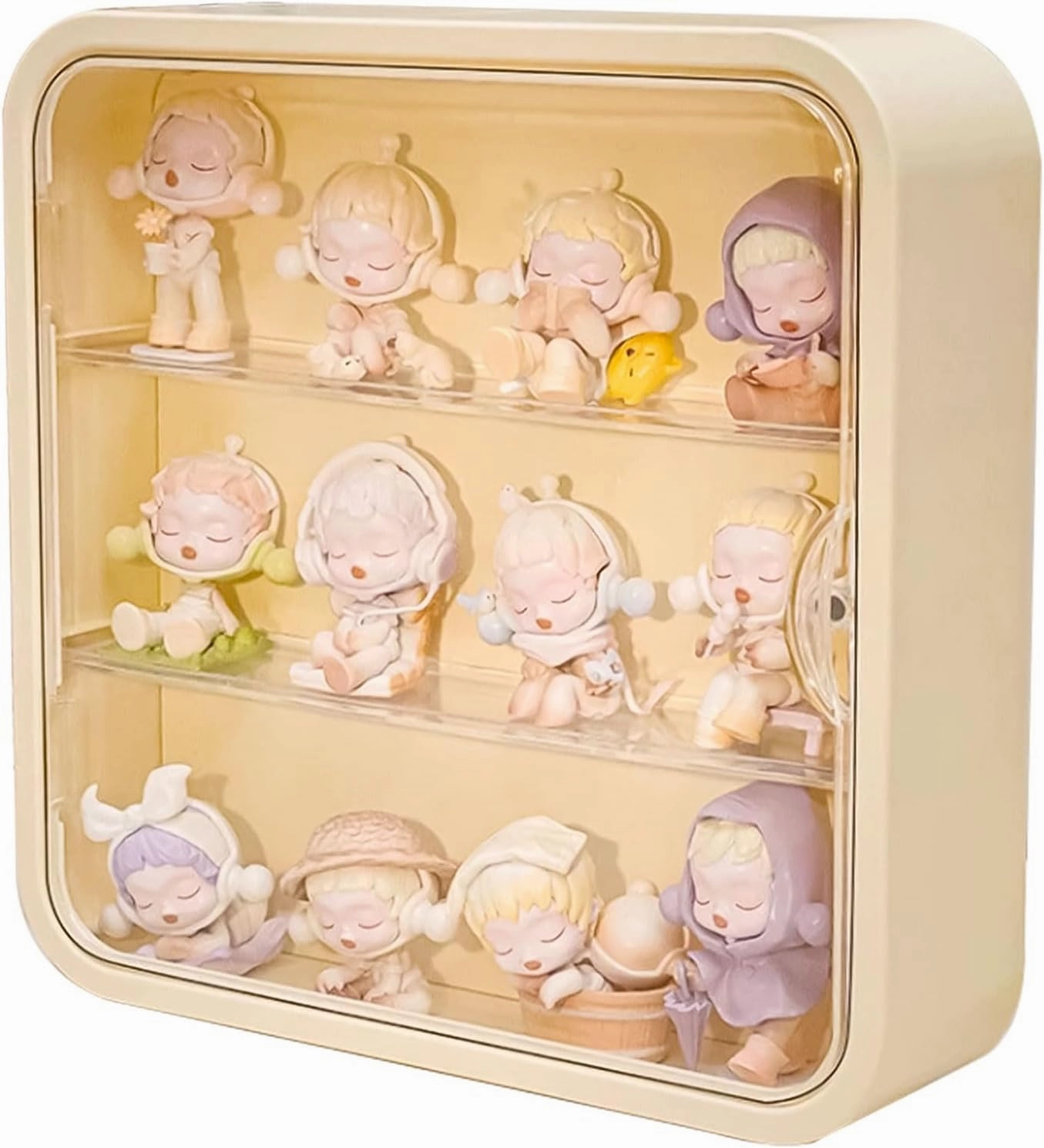Clear Display Case for Figures, Collectibles Display Box with Shelves, Wall Mounted or Desktop Plastic Organizer, Miniature Display Case for Mini Figure Toys, 12 Inch (Yellow-1 Pack)