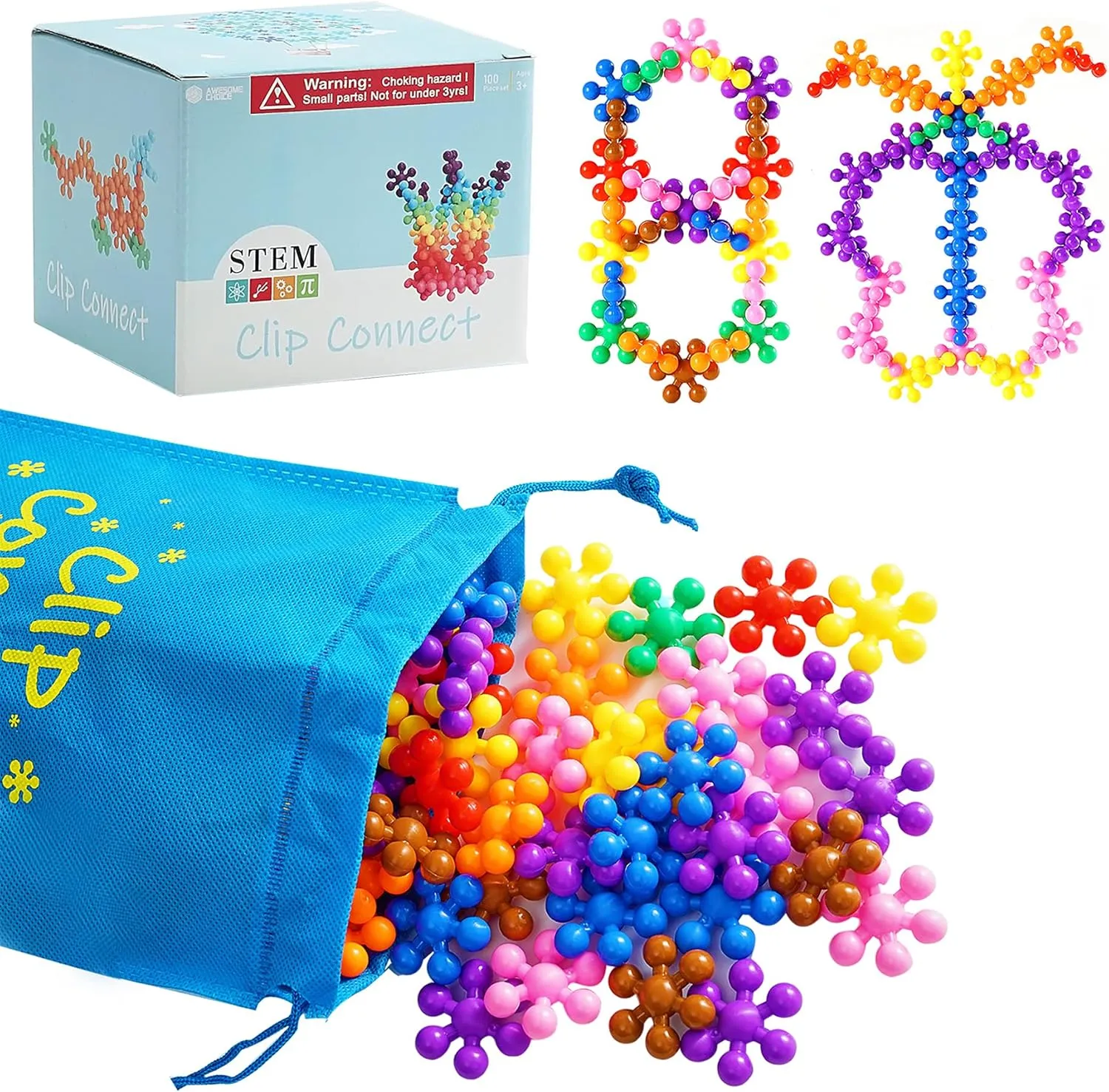 Clip Connect 120 Piece Building Blocks | Diameter 1.26", STEM Building Toys Set Kindergarten Math Manipulatives for Kids Boys Girls, Educational Preschool Toys Activities Homeschool Supplies