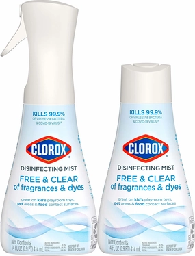 Clorox Free & Clear Disinfecting Mist, Household Essentials, 1 Spray Bottle and 1 Refill, 14 Fl Oz Each