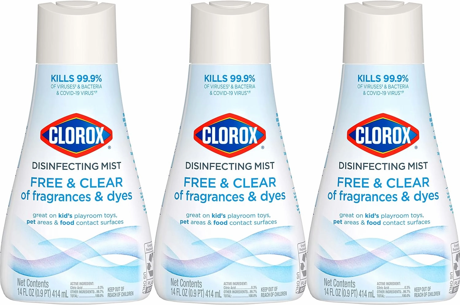 Clorox Free & Clear Disinfecting Mist Refill, Household Essentials, Fragrance Free, 14 Fluid Ounces, Pack of 3