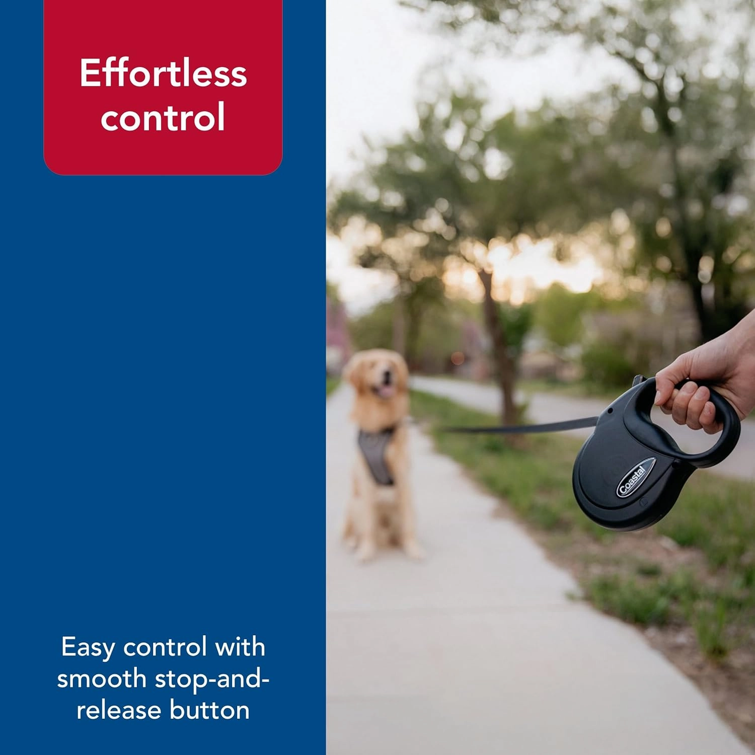 Coastal Pet Power Walker Dog Retractable Leash - Reflective Dog Leash - Stop-and-Release Control Button - Comfort Grip Handle - Red - Medium