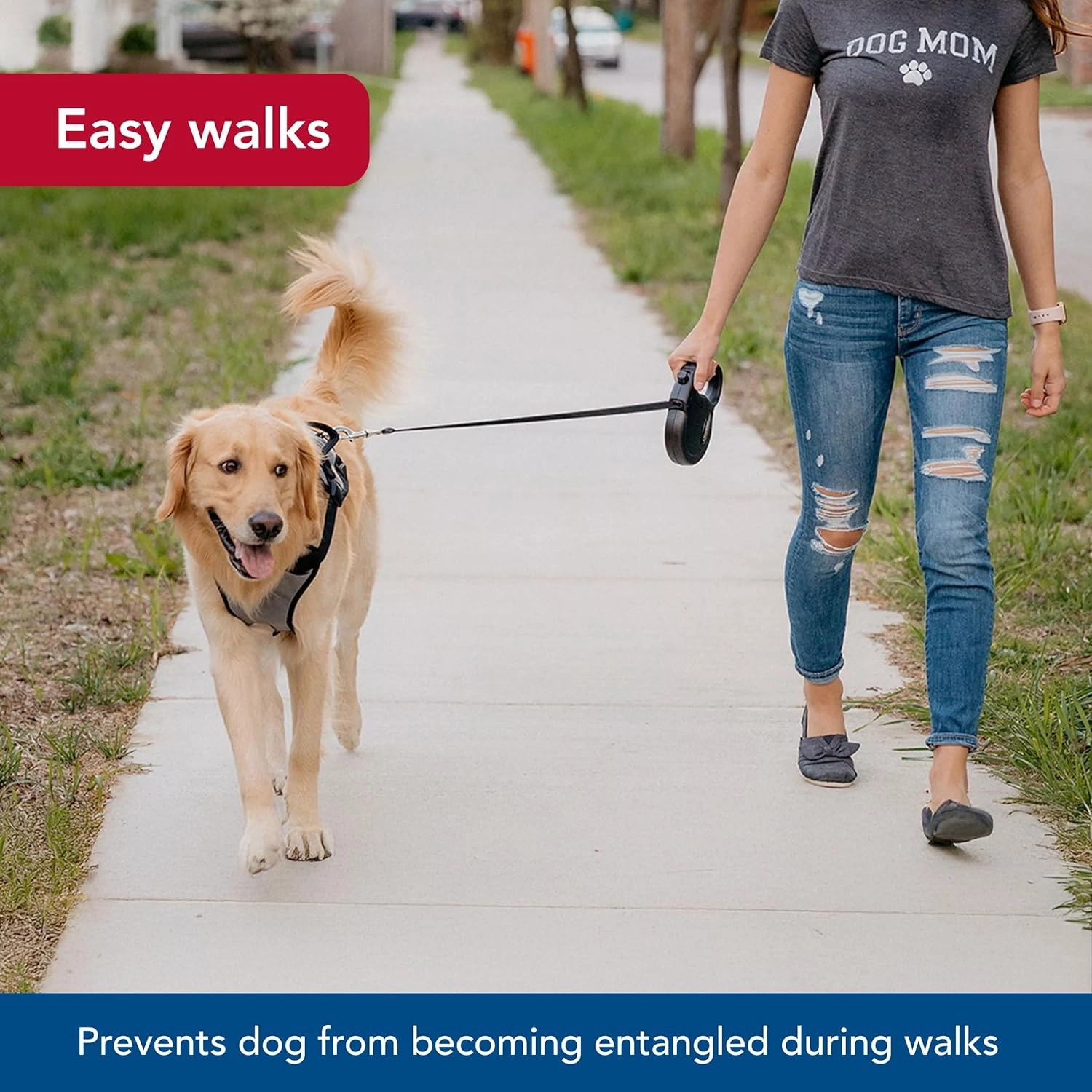 Coastal Pet Power Walker Dog Retractable Leash - Reflective Dog Leash - Stop-and-Release Control Button - Comfort Grip Handle - Red - Medium