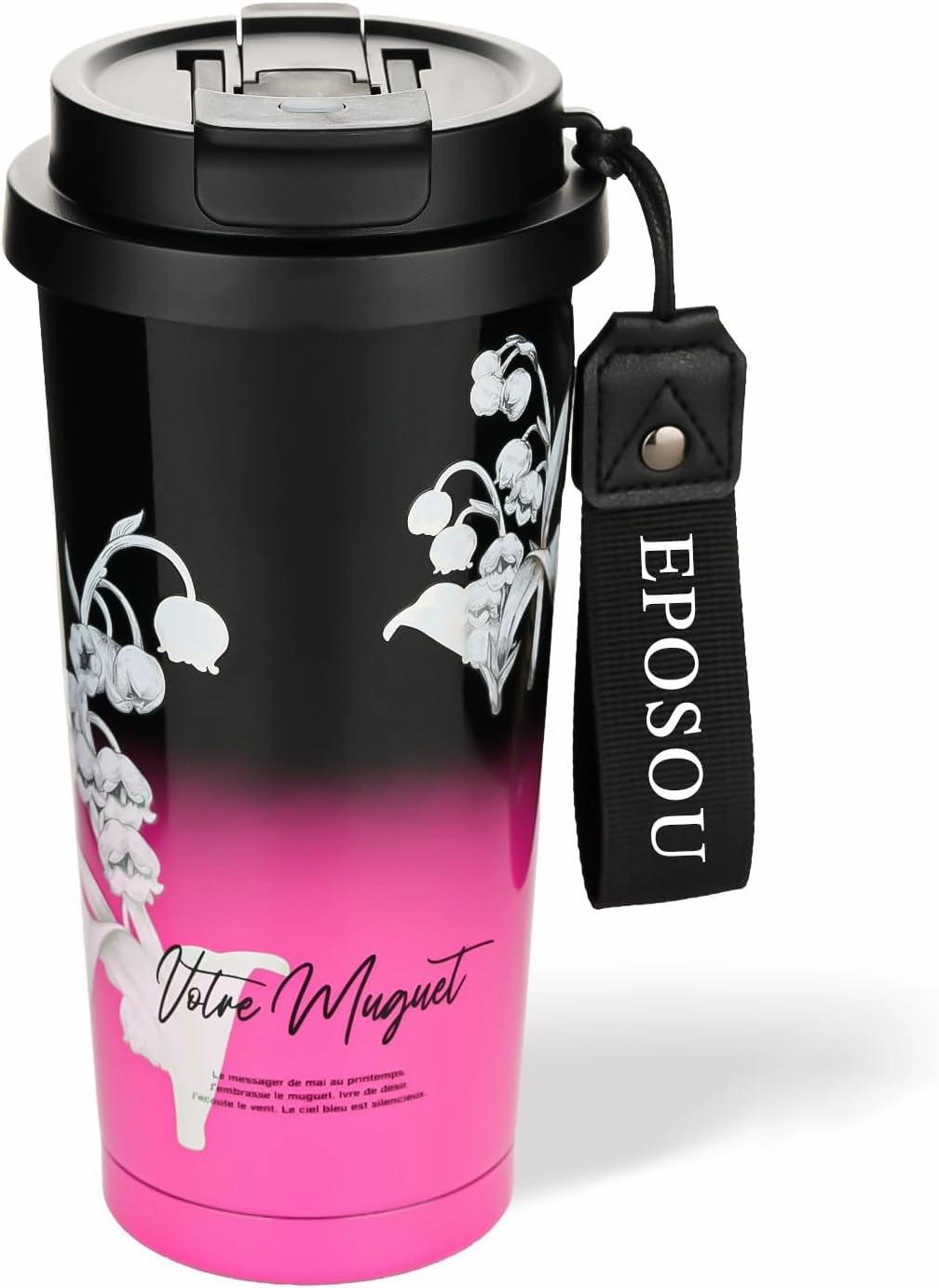 Coffee Mug,2-In-1 Spill Proof Lid Travel Coffee Cup,Premium Stainless Steel Leak-Proof Thermos Mug,Reusable Coffee Tumbler for Travel,School,Office (Stainless Steel, Black&Pink Lily)
