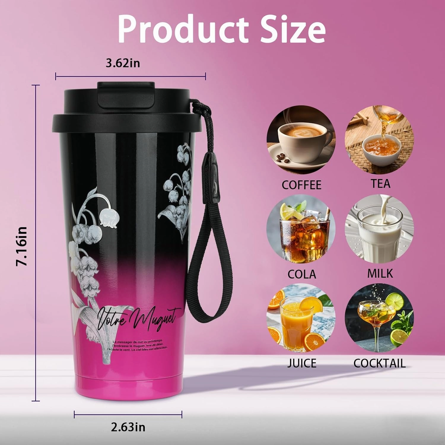 Coffee Mug,2-In-1 Spill Proof Lid Travel Coffee Cup,Premium Stainless Steel Leak-Proof Thermos Mug,Reusable Coffee Tumbler for Travel,School,Office (Stainless Steel, Black&Pink Lily)