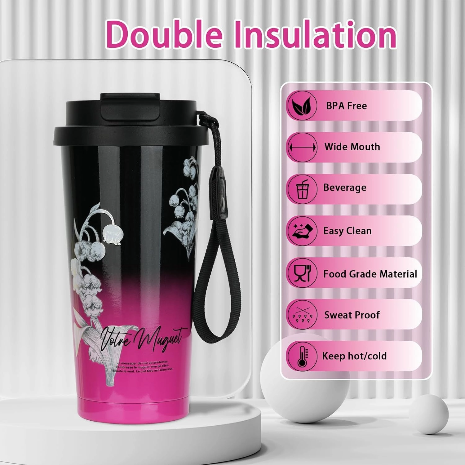 Coffee Mug,2-In-1 Spill Proof Lid Travel Coffee Cup,Premium Stainless Steel Leak-Proof Thermos Mug,Reusable Coffee Tumbler for Travel,School,Office (Stainless Steel, Black&Pink Lily)