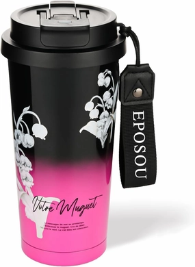 Coffee Mug,2-In-1 Spill Proof Lid Travel Coffee Cup,Premium Stainless Steel Leak-Proof Thermos Mug,Reusable Coffee Tumbler for Travel,School,Office (Stainless Steel, Black&Pink Lily)