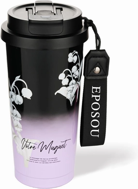 Coffee Mug,2-In-1 Spill Proof Lid Travel Coffee Cup,Premium Stainless Steel Leak-Proof Thermos Mug,Reusable Coffee Tumbler for Travel,School,Office (Stainless Steel, Black&Purple Lily)