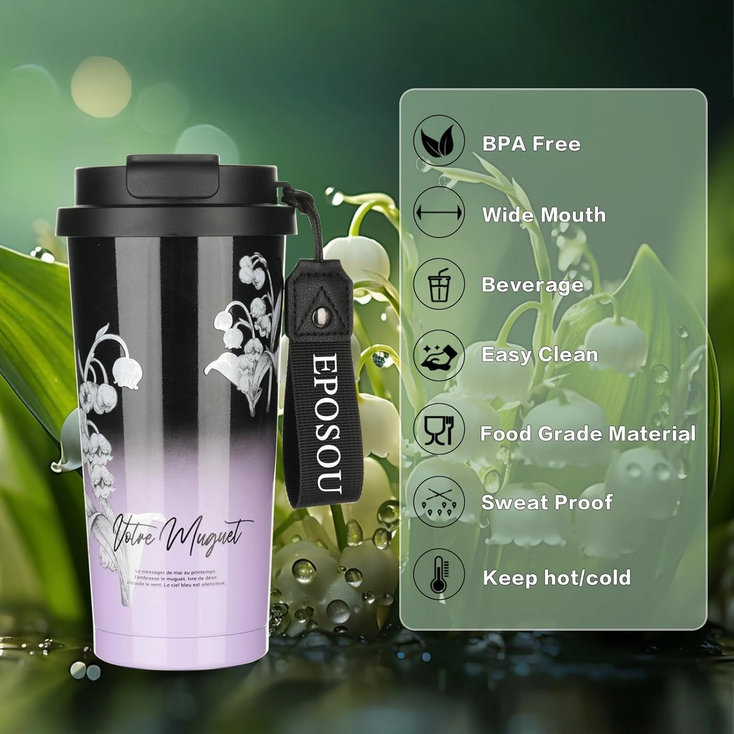 Coffee Mug,2-In-1 Spill Proof Lid Travel Coffee Cup,Premium Stainless Steel Leak-Proof Thermos Mug,Reusable Coffee Tumbler for Travel,School,Office (Stainless Steel, Black&Purple Lily)
