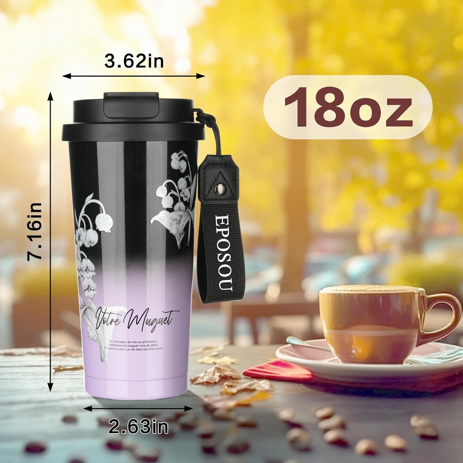 Coffee Mug,2-In-1 Spill Proof Lid Travel Coffee Cup,Premium Stainless Steel Leak-Proof Thermos Mug,Reusable Coffee Tumbler for Travel,School,Office (Stainless Steel, Black&Purple Lily)