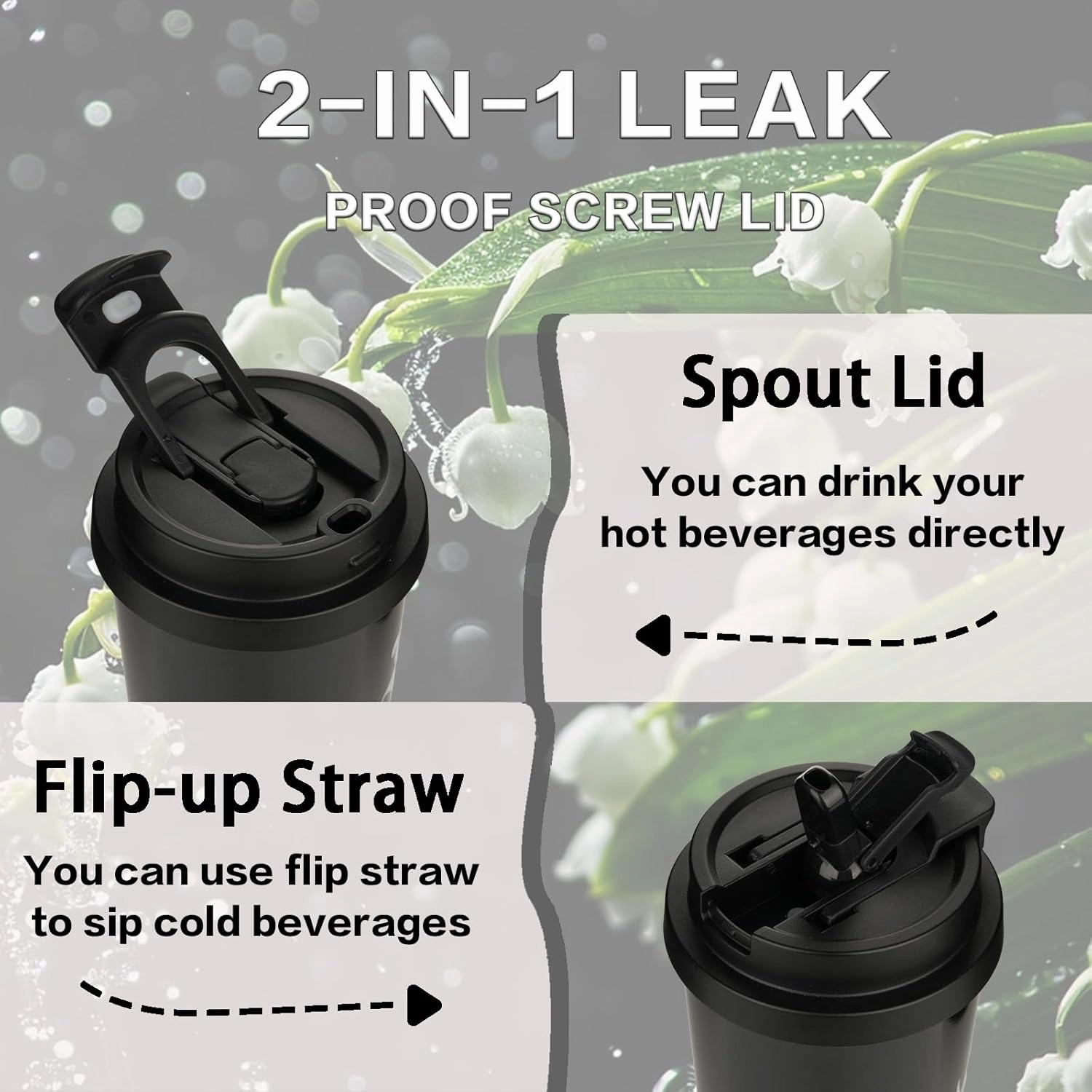 Coffee Mug,2-In-1 Spill Proof Lid Travel Coffee Cup,Premium Stainless Steel Leak-Proof Thermos Mug,Reusable Coffee Tumbler for Travel,School,Office (Stainless Steel, Black&Purple Lily)