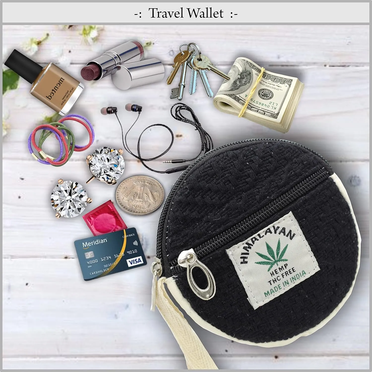 Coin Purse For Women Handmade Hemp Coin Pouch Eco friendly Hippie Boho Wallet Earphone holder (Black)