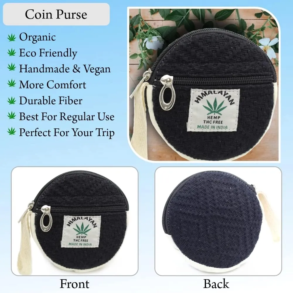 Coin Purse For Women Handmade Hemp Coin Pouch Eco friendly Hippie Boho Wallet Earphone holder (Black)