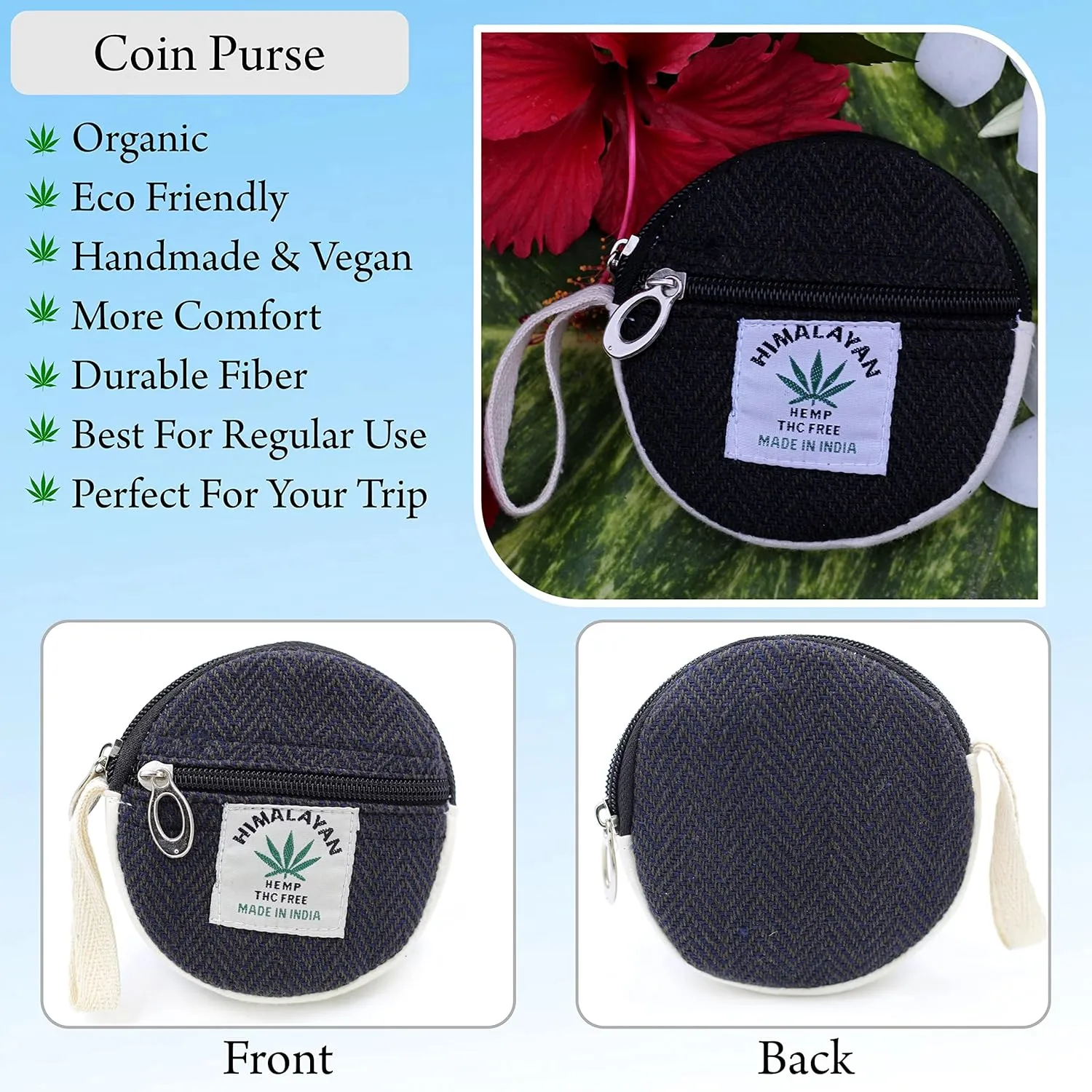 Coin Purse For Women Handmade Hemp Coin Pouch Eco friendly Hippie Boho Wallet Earphone holder (Fade Black)