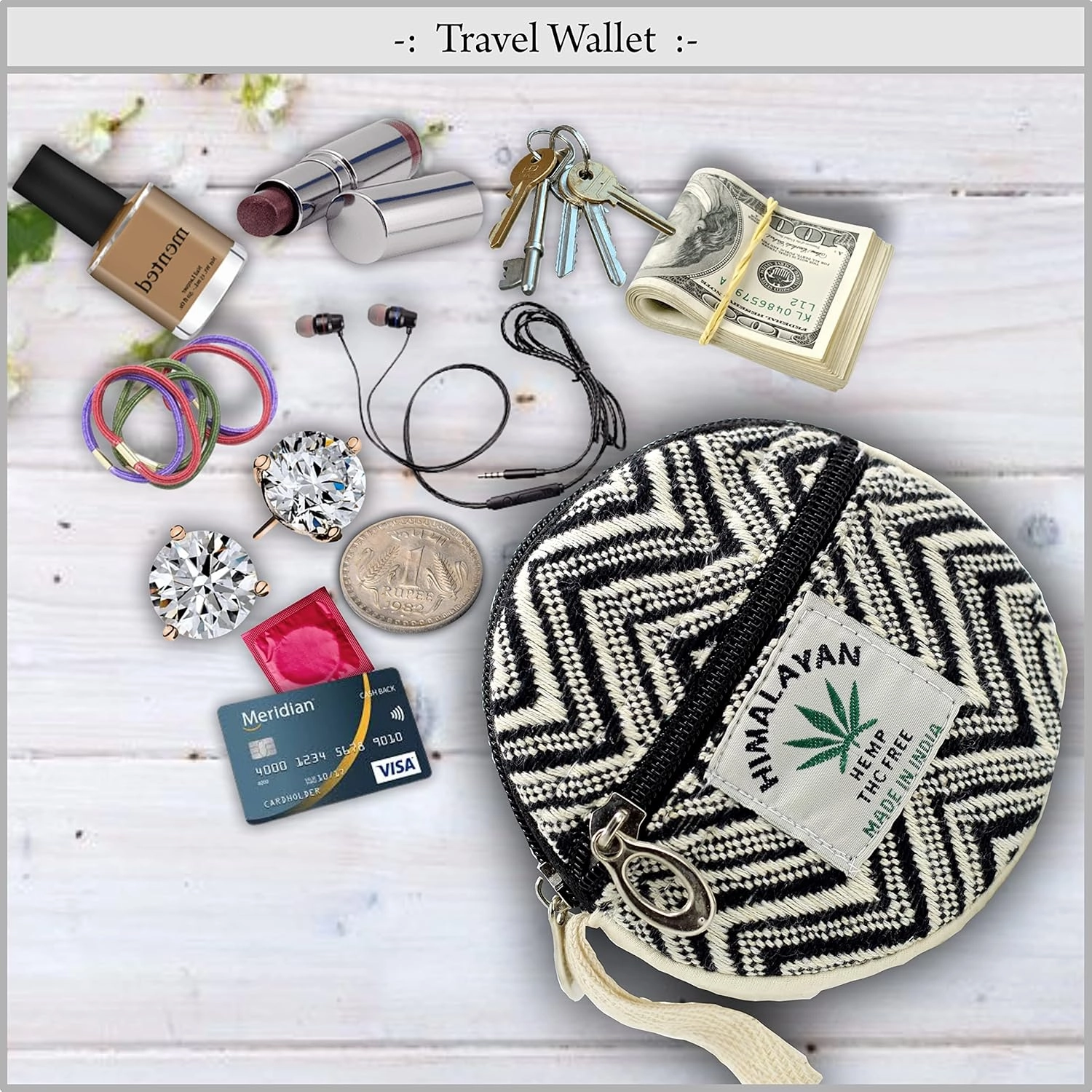 Coin Purse For Women Handmade Hemp Coin Pouch Eco friendly Hippie Boho Wallet Earphone holder (Zigzag Black)