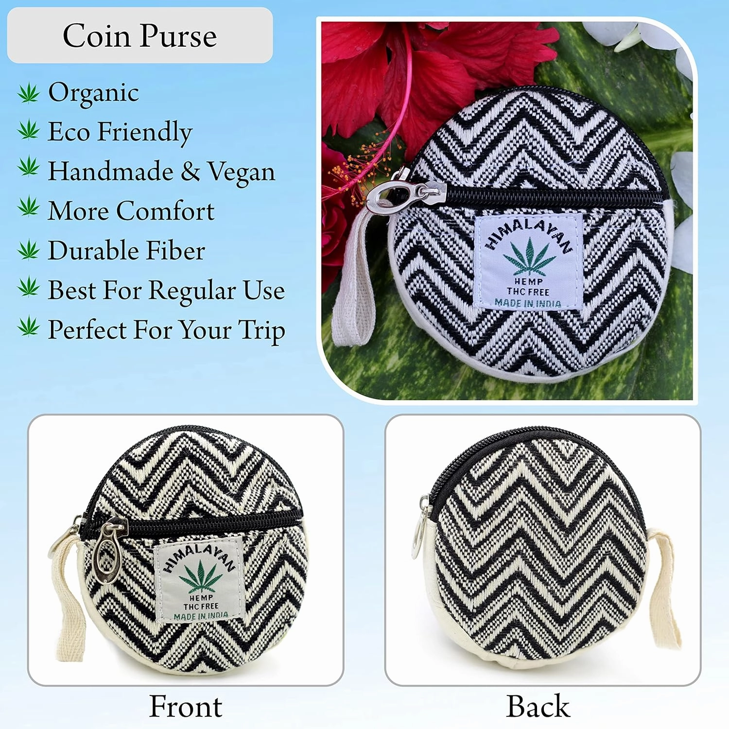 Coin Purse For Women Handmade Hemp Coin Pouch Eco friendly Hippie Boho Wallet Earphone holder (Zigzag Black)