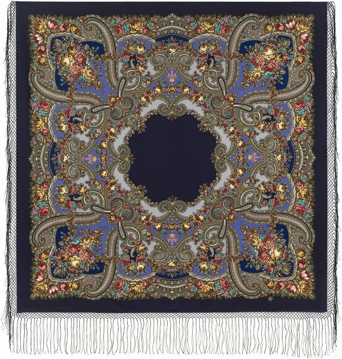 Collectible Exclusive Russian Shawl 100% Wool 58x58 inches Pashmina Scarf 148x148 cm Huge Square Wrap Silk Tassels Fringe Pavlovoposadskiy Platok Heavenly 391-13