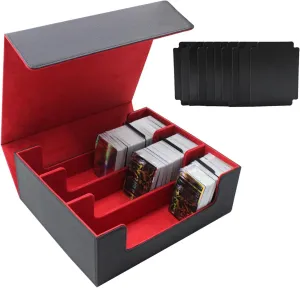 CollectibleTradingCardCases,DeckCasewith PU Leather & Magnetic Closure,Card Deck Case for Trading Cards 1800  Includes 10Card Dividers,Magic Card Protectors Fit for Game & Sport Cards (Black/Red)