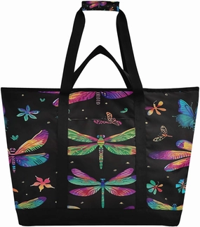 Colorful Dragonfly Reusable Insulated Lunchbox Cooler Bag, Leakproof Kitchen Grocery Bag Collapsible Portable Cooler Tote Bag for Picnic, Camping, Office, Travel