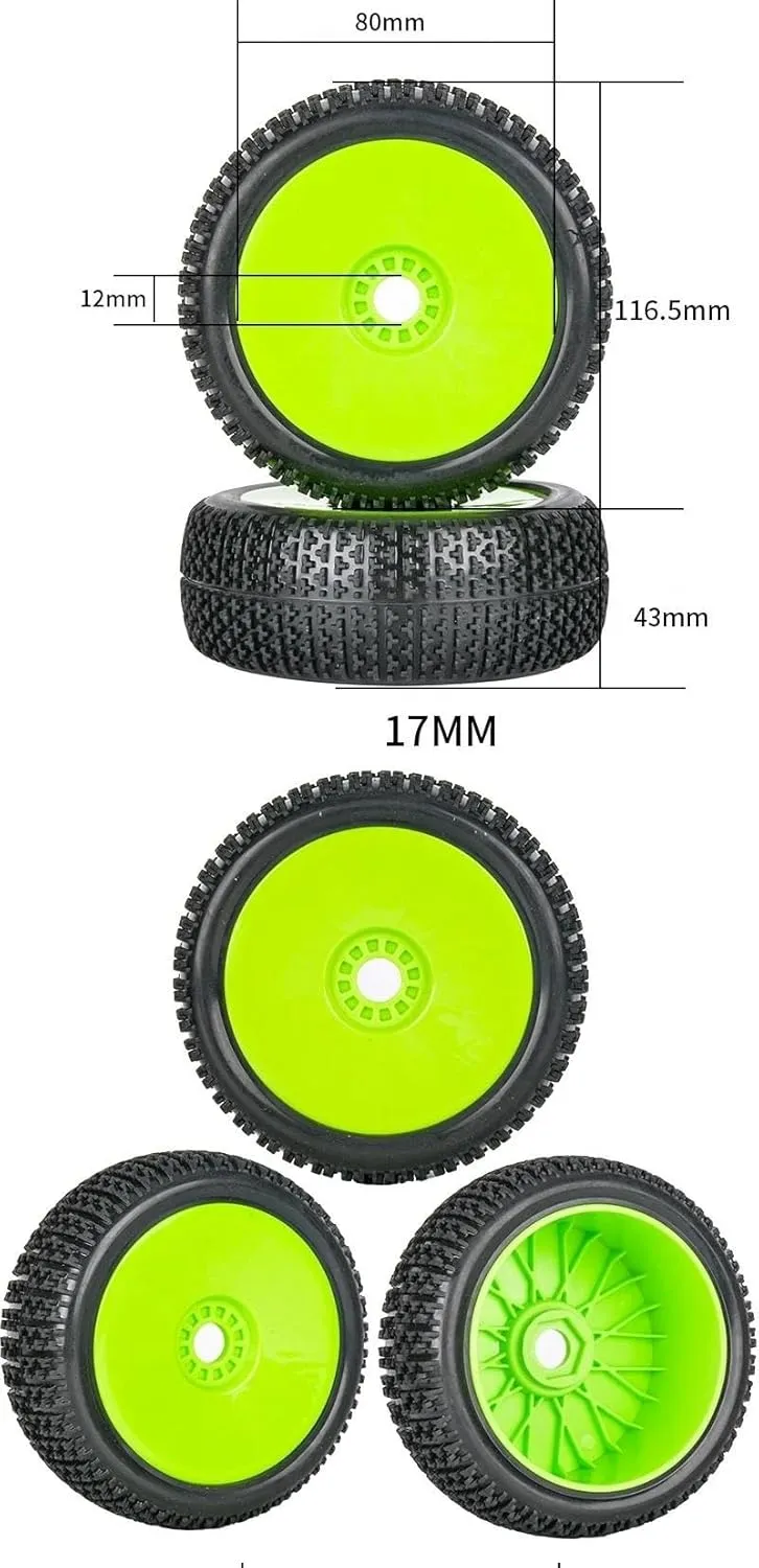 Compatible with 1/8 RC Model Car Buggy Haul Truck Off-Road Tires Wheels 116x43mm Adapter 17mm Retrofit Accessories Replacement Parts RC Wheel Tires(Color1)