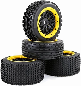 Compatible with HPI for ROFUN for ROVAN KM for Baja 5B 1/5 Rc Car Off-Road Front and Rear Tyres Thickened Wheel Set Upgrade Parts RC Wheel Tires(Yellow)
