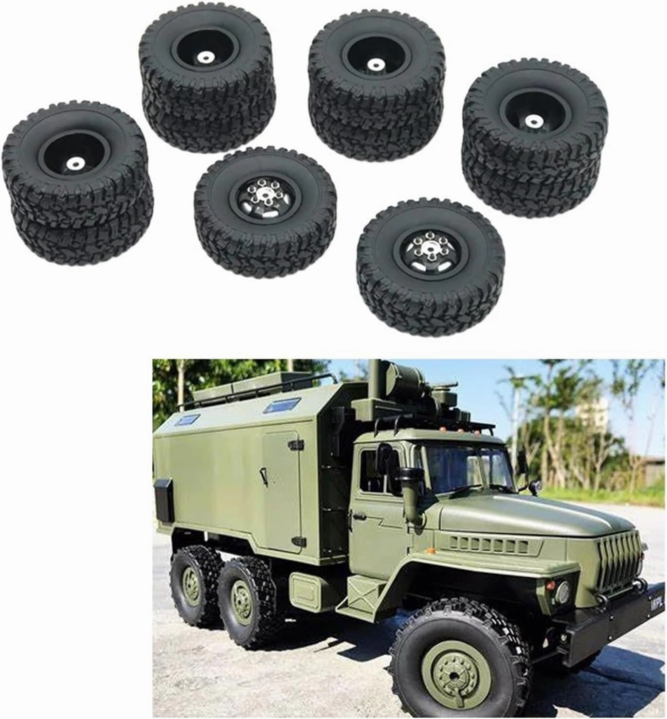 Compatible with WPL 6WD 1/16 C14 B16 B36 RC Crawler Car Parts 10pcs Aluminum Alloy Wheel Rims with Rubber Tires Tyre RC Wheel Tires(Black)