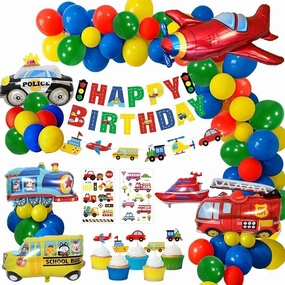 Construction Birthday Party Supply, Transport Vehicle Theme Decoration for Boy Baby Shower, Red Green Yellow Blue Balloon Garland Arch Kit Car Reusable Truck Plane Train Police School Bus Foil