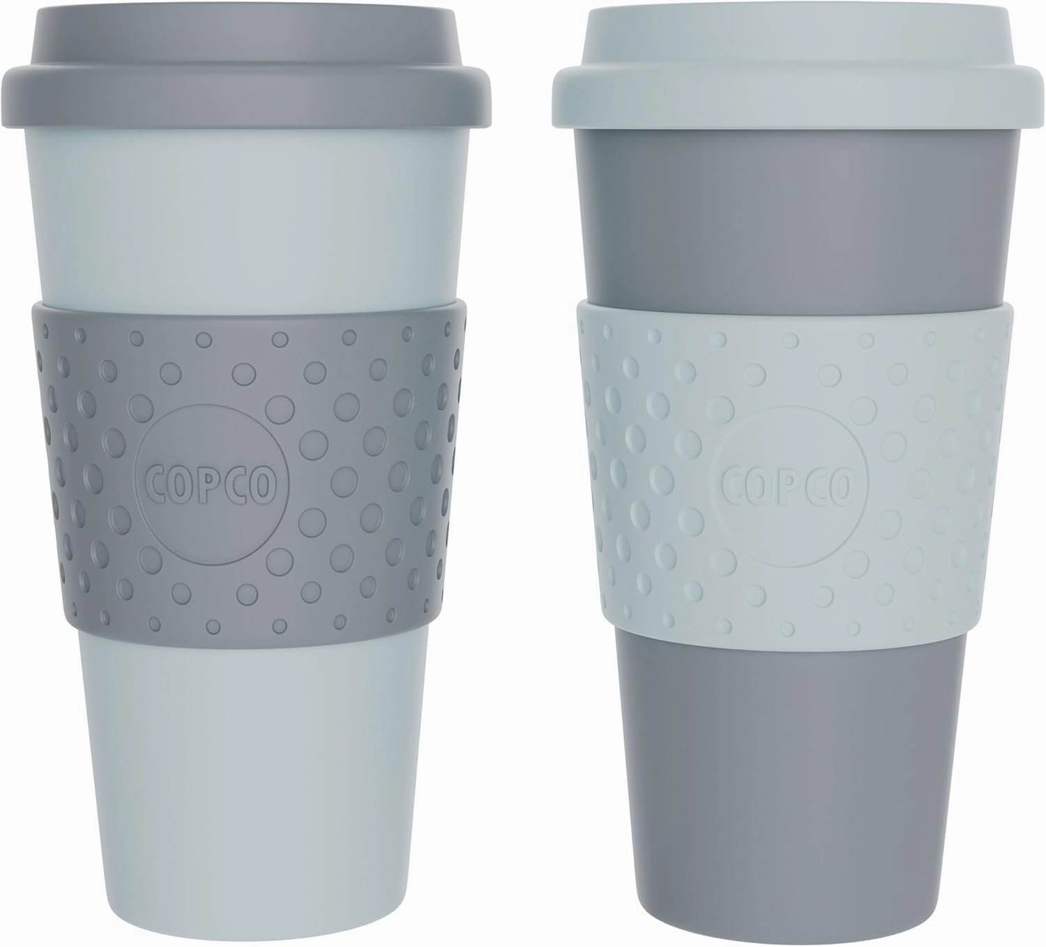 Copco Acadia 16oz Travel Mug with Lid, Set of 2 Double Wall Insulated Tumbler, Non-Slip Sleeve and BPA-Free - Microwave & Dishwasher Safe, Reusable Plastic To Go Travel Coffee Mug (Aqua/Gray)