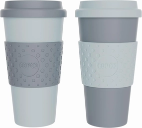 Copco Acadia 16oz Travel Mug with Lid, Set of 2 Double Wall Insulated Tumbler, Non-Slip Sleeve and BPA-Free - Microwave & Dishwasher Safe, Reusable Plastic To Go Travel Coffee Mug (Aqua/Gray)
