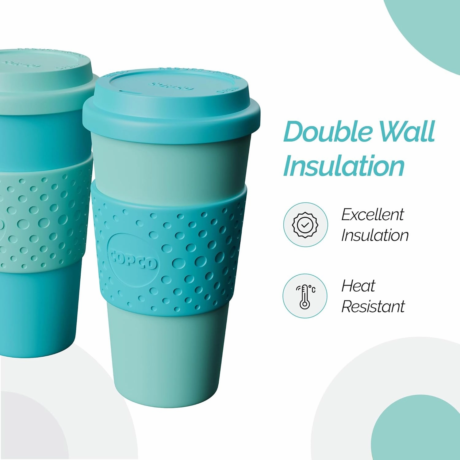 Copco Acadia 16oz Travel Mug with Lid, Set of 2 Double Wall Insulated Tumbler, Non-Slip Sleeve and BPA-Free - Microwave & Dishwasher Safe, Reusable Plastic To Go Travel Coffee Mug (Aqua/Mint)