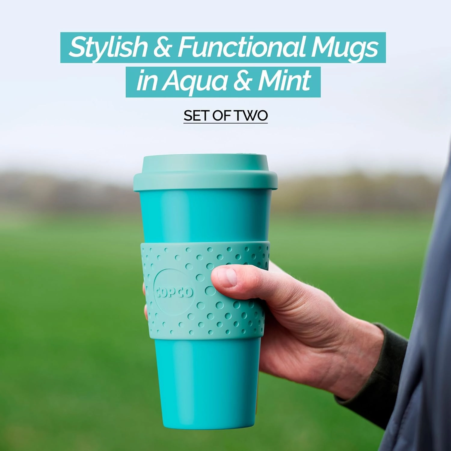 Copco Acadia 16oz Travel Mug with Lid, Set of 2 Double Wall Insulated Tumbler, Non-Slip Sleeve and BPA-Free - Microwave & Dishwasher Safe, Reusable Plastic To Go Travel Coffee Mug (Aqua/Mint)