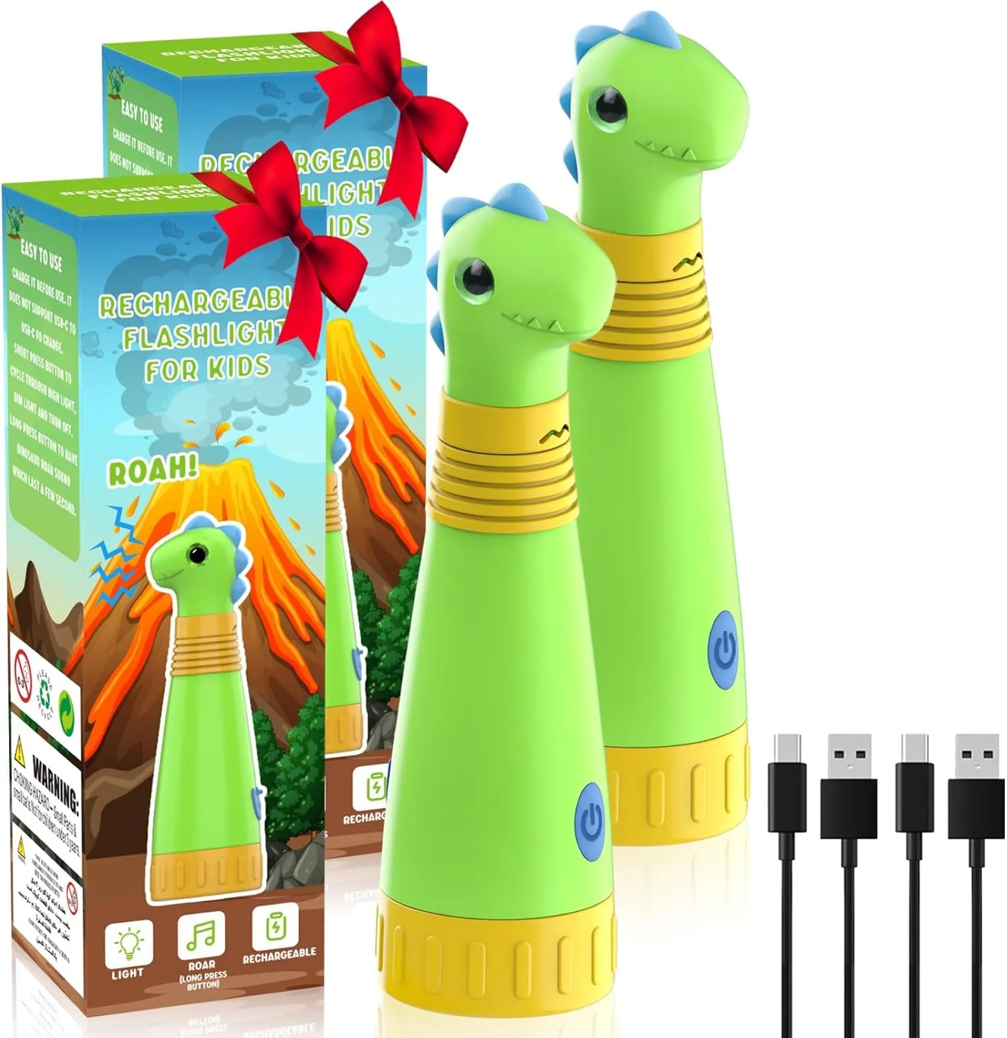 COSOOS 2 Rechargeable Dinosaur Flashlights for Kids, Roar Mode, Kids Flashlight Toys, Outdoor Camping Gear Accessories, Christmas Light Stocking Stuffer for Kids 3 4 5 6 7 8 9 10 Years Boys Girls