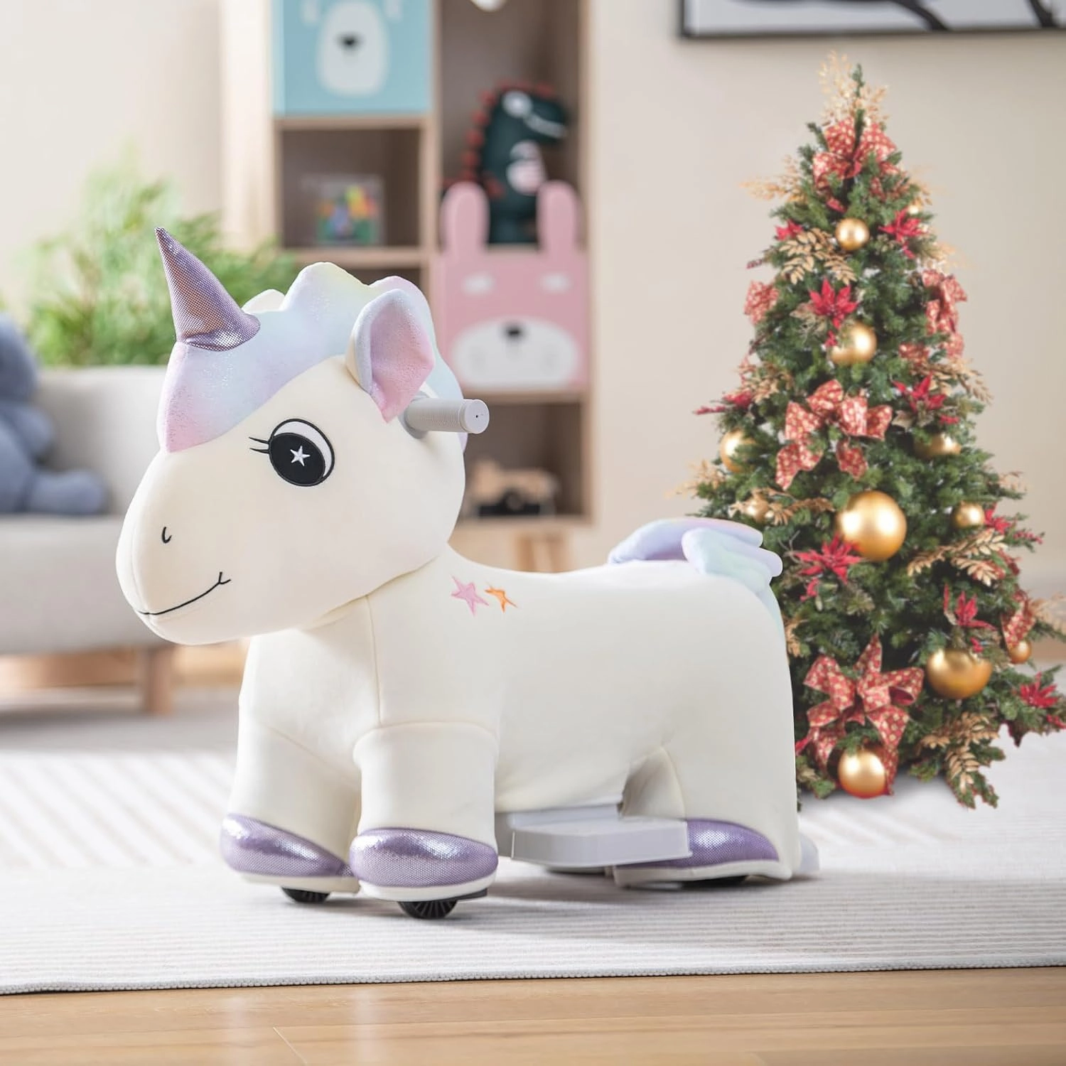 Costzon Kids Ride on Toy Car, 6V Battery Powered Electric Ride on Animal Toy with Comfortable Fabric, Wheels, Foot Pedal, Music, Forward Functions, Cute Ride on Horse Riding Pony for Girls Boys