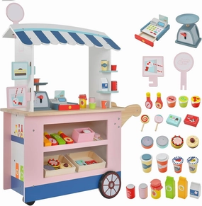 Costzon Wooden Grocery Store Playset, Kids Pretend Role Play Market Stand with Play Food, Beverage Rack, Cash Register, Scale, Rolling Wheels, Toy Stall Trolley, Gift for Boys Girls 3 