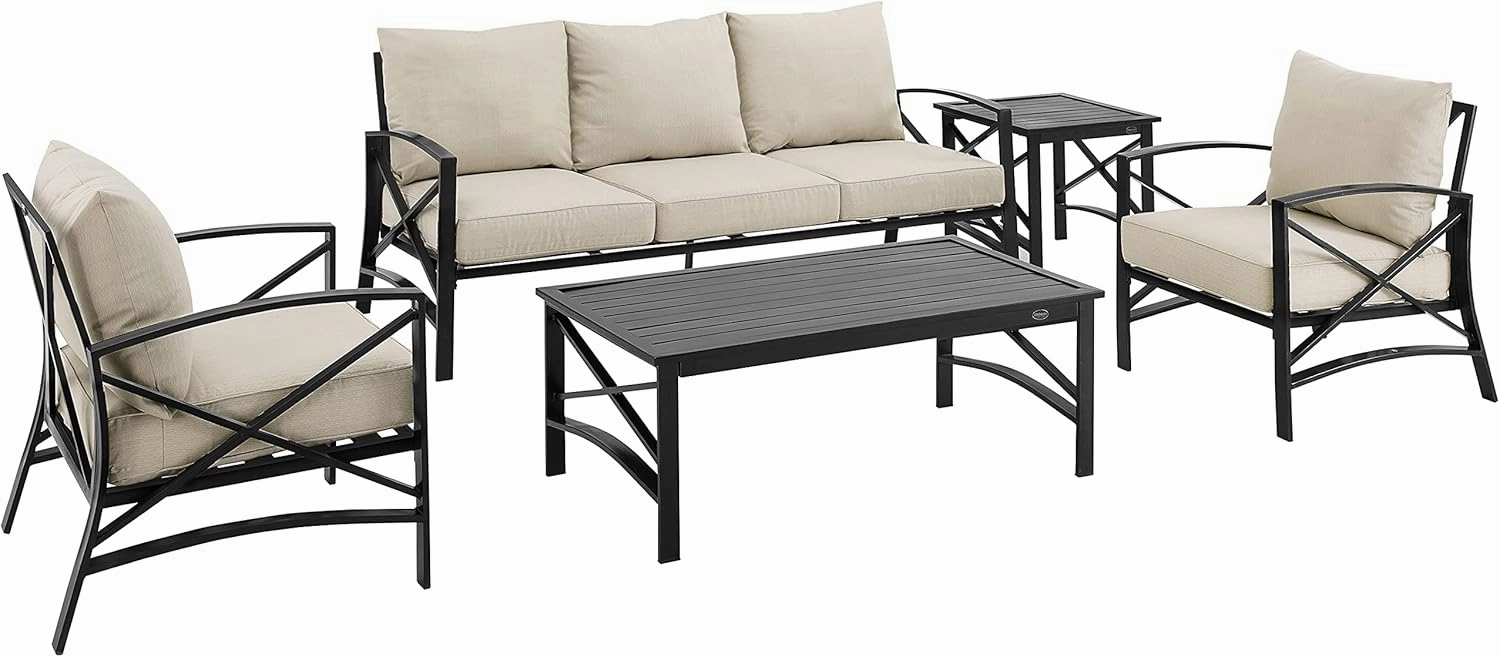Crosley Furniture Kaplan 5-Piece Outdoor Sofa Patio Furniture Set, Conversation Sets for Porch, Deck, Oiled Bronze with Oatmeal Cushions