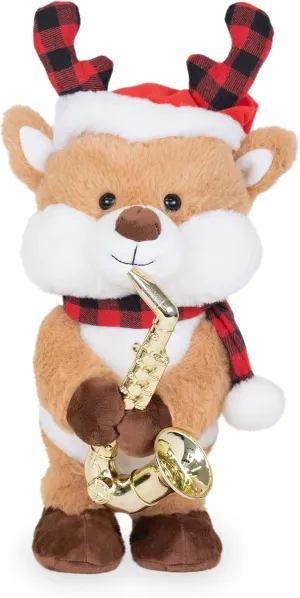 Cuddle Barn - Jazzy Antlers | Animated Christmas Saxophone Playing Reindeer Plush Toy, 14 inches, Brown