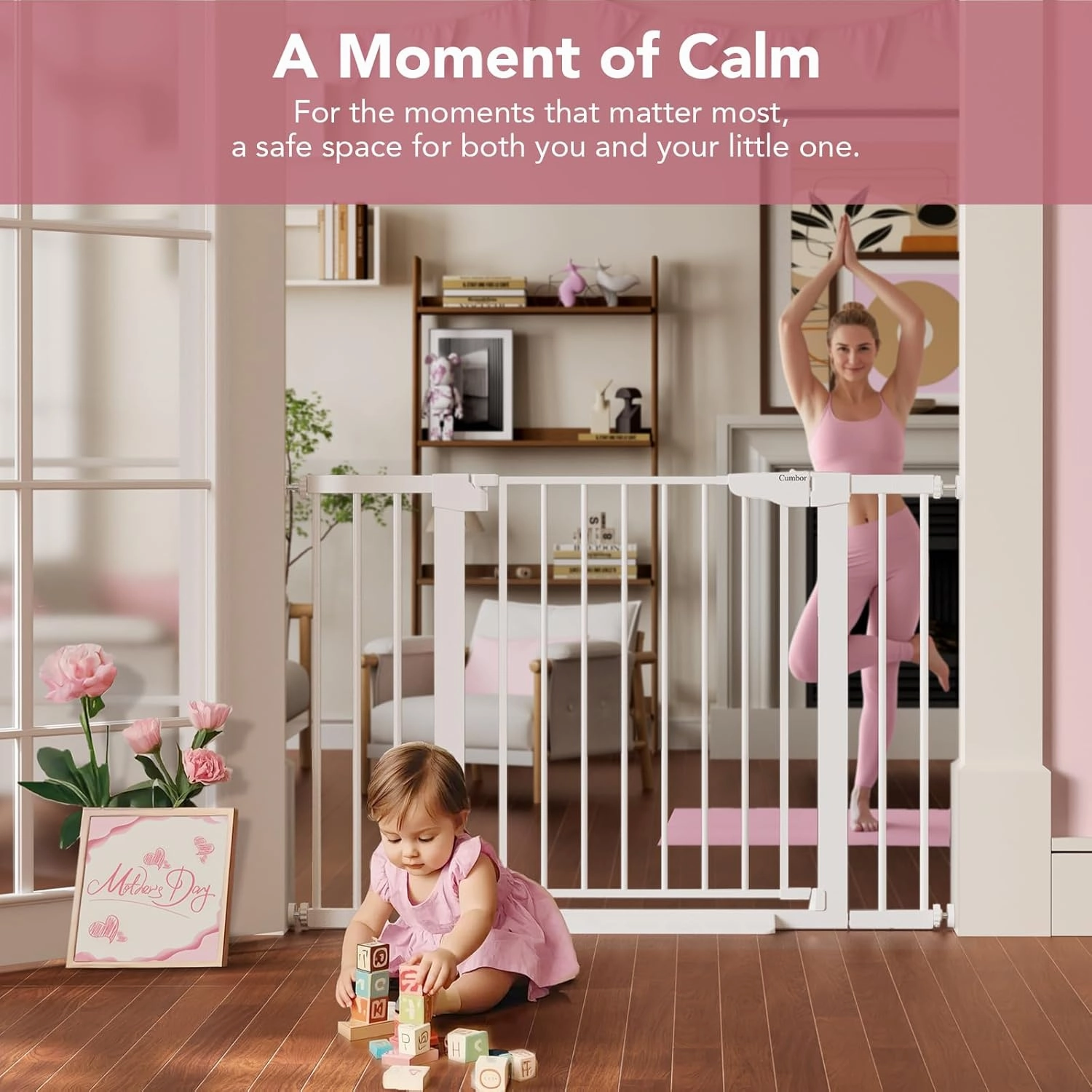 Cumbor 29.7-46" Baby Gate for Stairs, Toddler Safety Essentials for The House, Auto Close Dog Gate for Doorways, Mom's Choice Awards Winner-Easy Install Pressure Mounted Pet Gates for Dogs, White