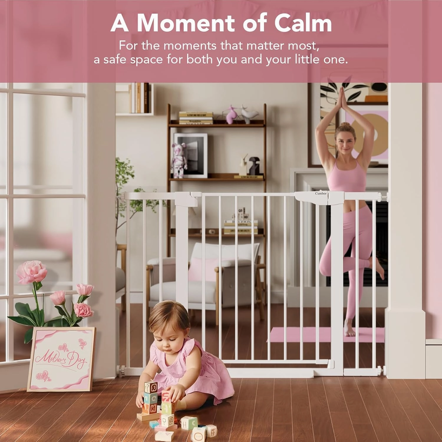 Cumbor 29.7-46" Baby Gate for Stairs, Toddler Safety Essentials for The House, Auto Close Dog Gate for Doorways, Mom's Choice Awards Winner-Easy Install Pressure Mounted Pet Gates for Dogs, White