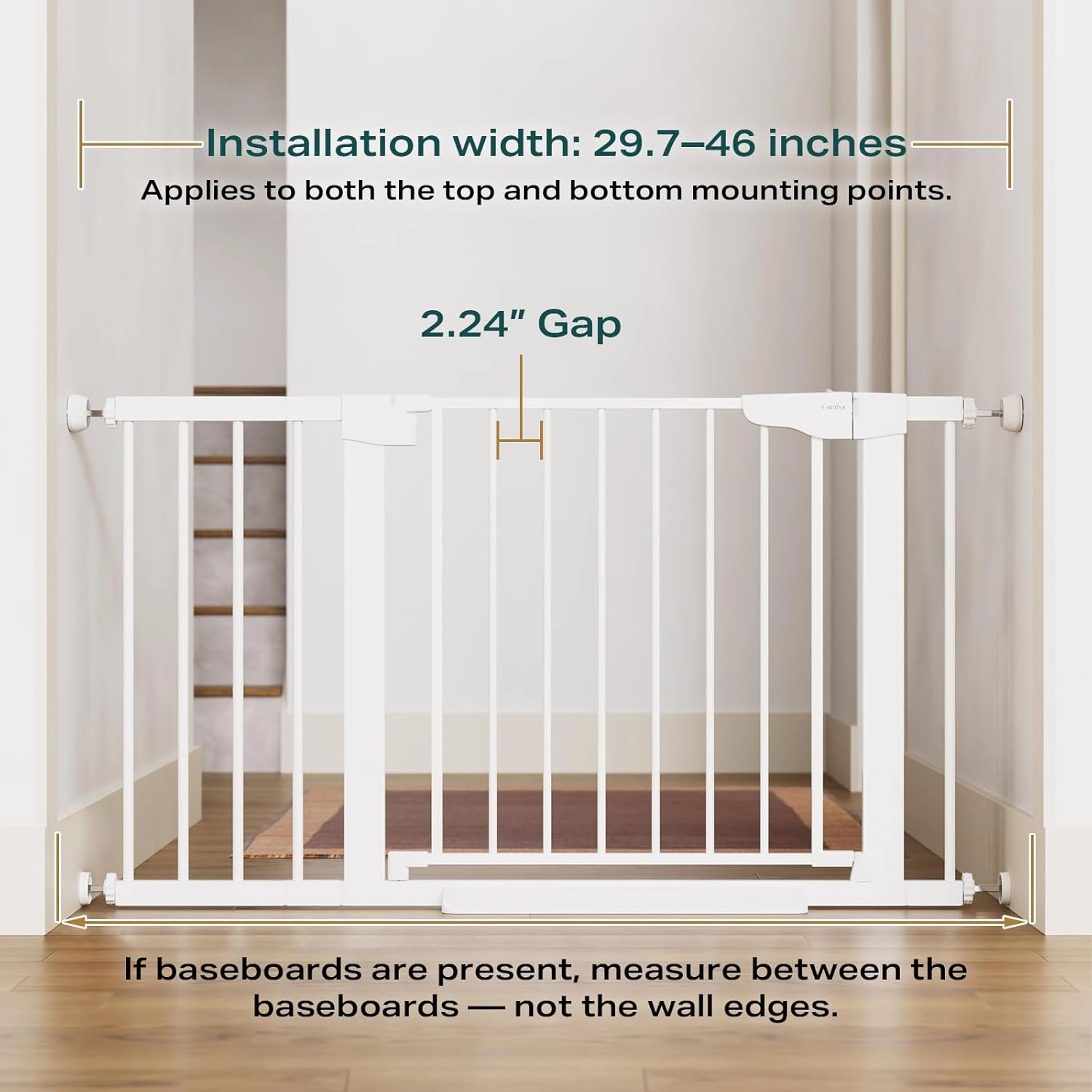 Cumbor 29.7-46" Baby Gate for Stairs, Toddler Safety Essentials for The House, Auto Close Dog Gate for Doorways, Mom's Choice Awards Winner-Easy Install Pressure Mounted Pet Gates for Dogs, White